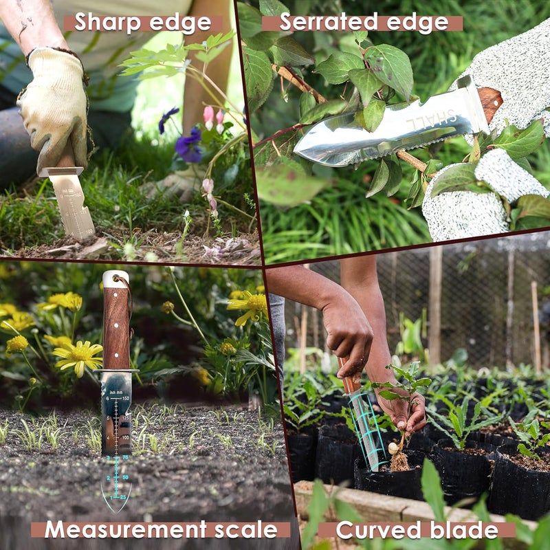 SHALL Hori Hori, Japanese Garden Knife, Soil Knife with Leather Sheath, Rosewood Handle & Hide Rope, 7” Stainless Steel Blade, Rope Cutting Edge, for Digging, Weeding, Planting, Full-Tang - Image 3